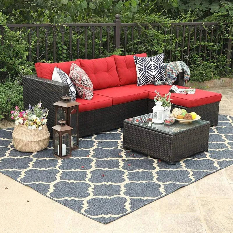 3-Piece Patio L-Shaped Rattan Sectional Sofa Set With Cushions