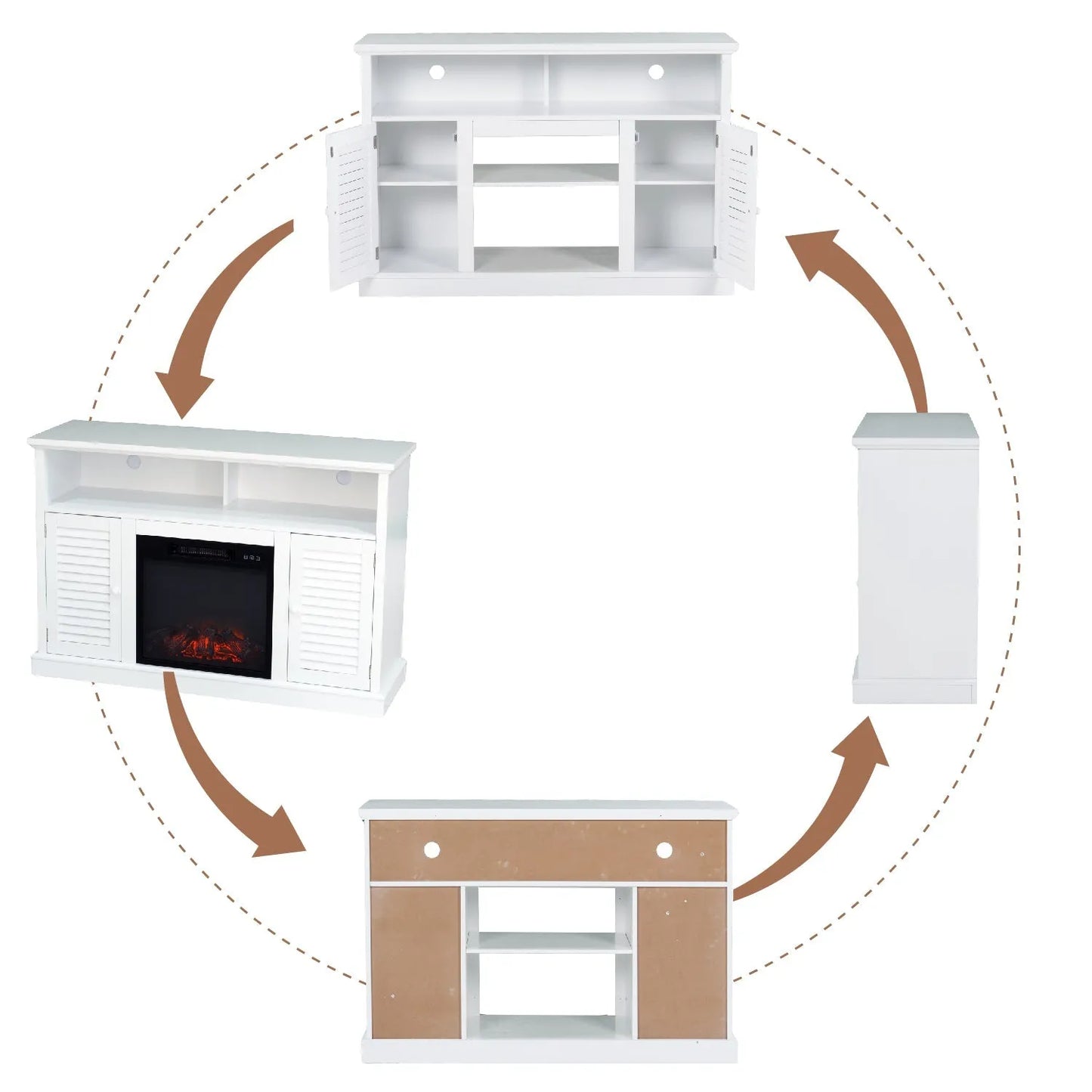 47" 1400W Electric Fireplace TV Stand Heater with Built-In Bookshelves and Cupboards - White