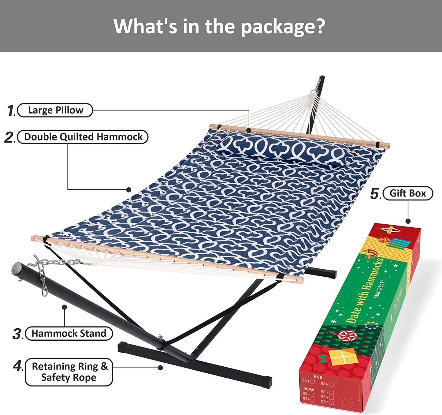 55 Inch Extra Large Double Hammock with Stand, 475lbs Capacity, Outdoor Portable Hammock with Hardwood Spreader Bar, Extra Large Pillow