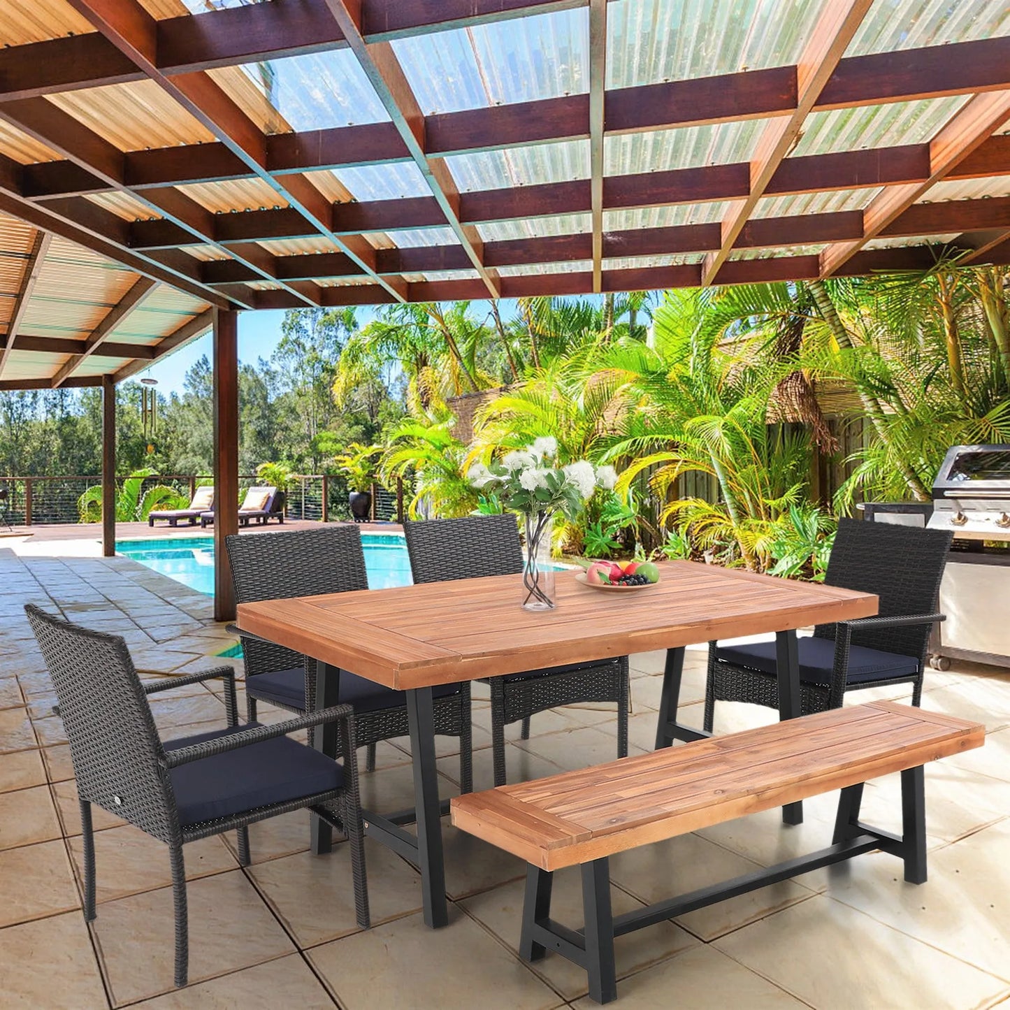 6 Piece Outdoor Dining Set with Acacia Wood Table & Wooden Bench and 4 Cushioned Rattan Wicker Chairs