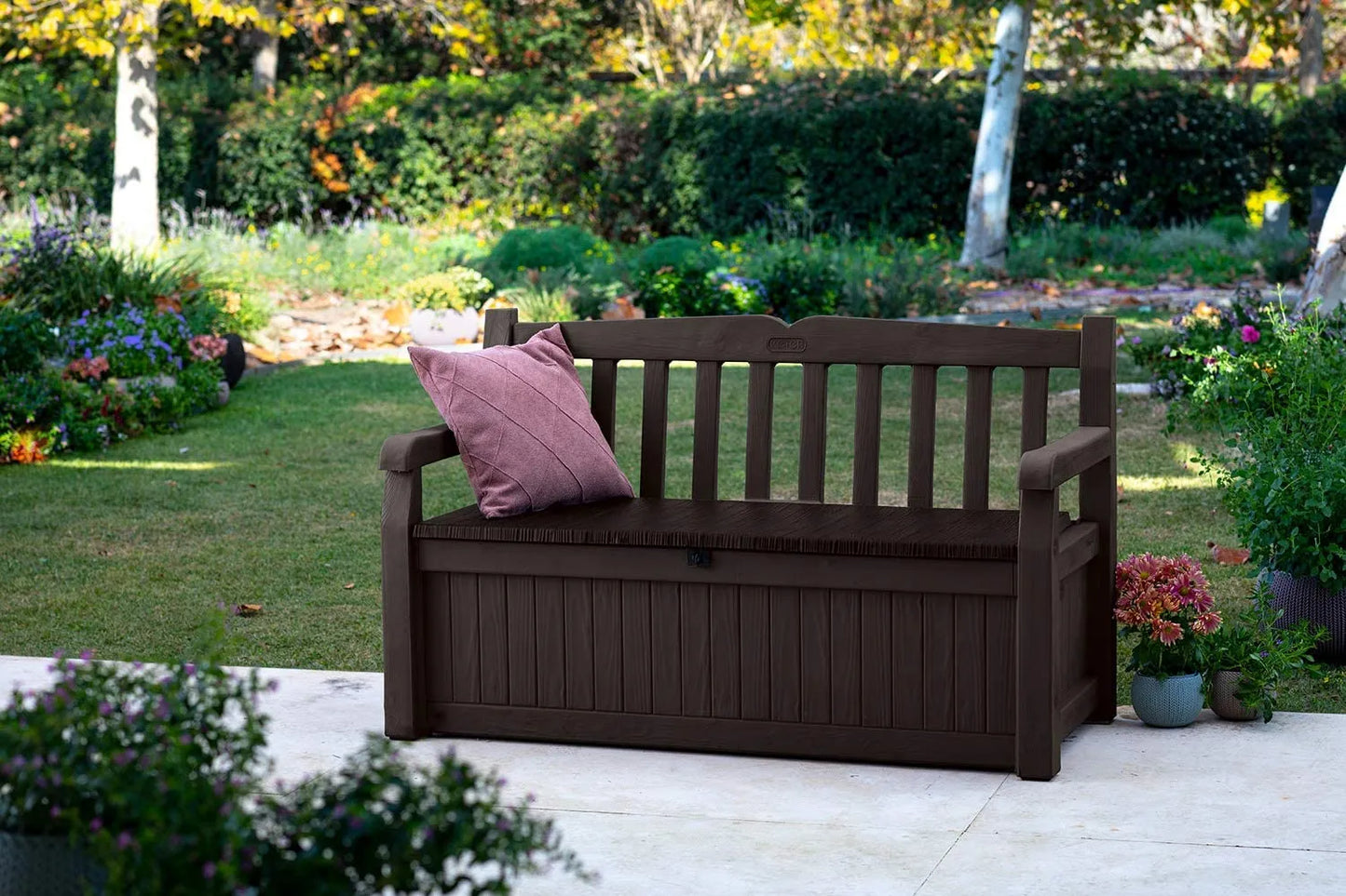 Keter Solana 70 Gallon Storage Bench Deck Box for Patio Furniture, Front Porch Decor and Outdoor Seating – Perfect to Store Garden Tools and Pool Toys,Brown/Brown