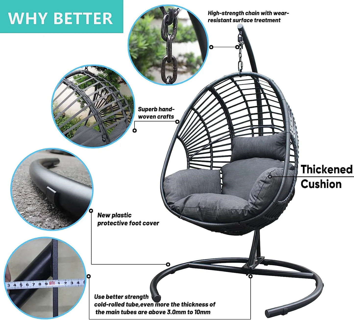 JOYBASE Hanging Egg Chair with Stand, Outdoor Wicker Rattan Egg Swing Chair with Stand and Cushion for Indoor Outdoor Bedroom Patio Garden (Grey/Black)