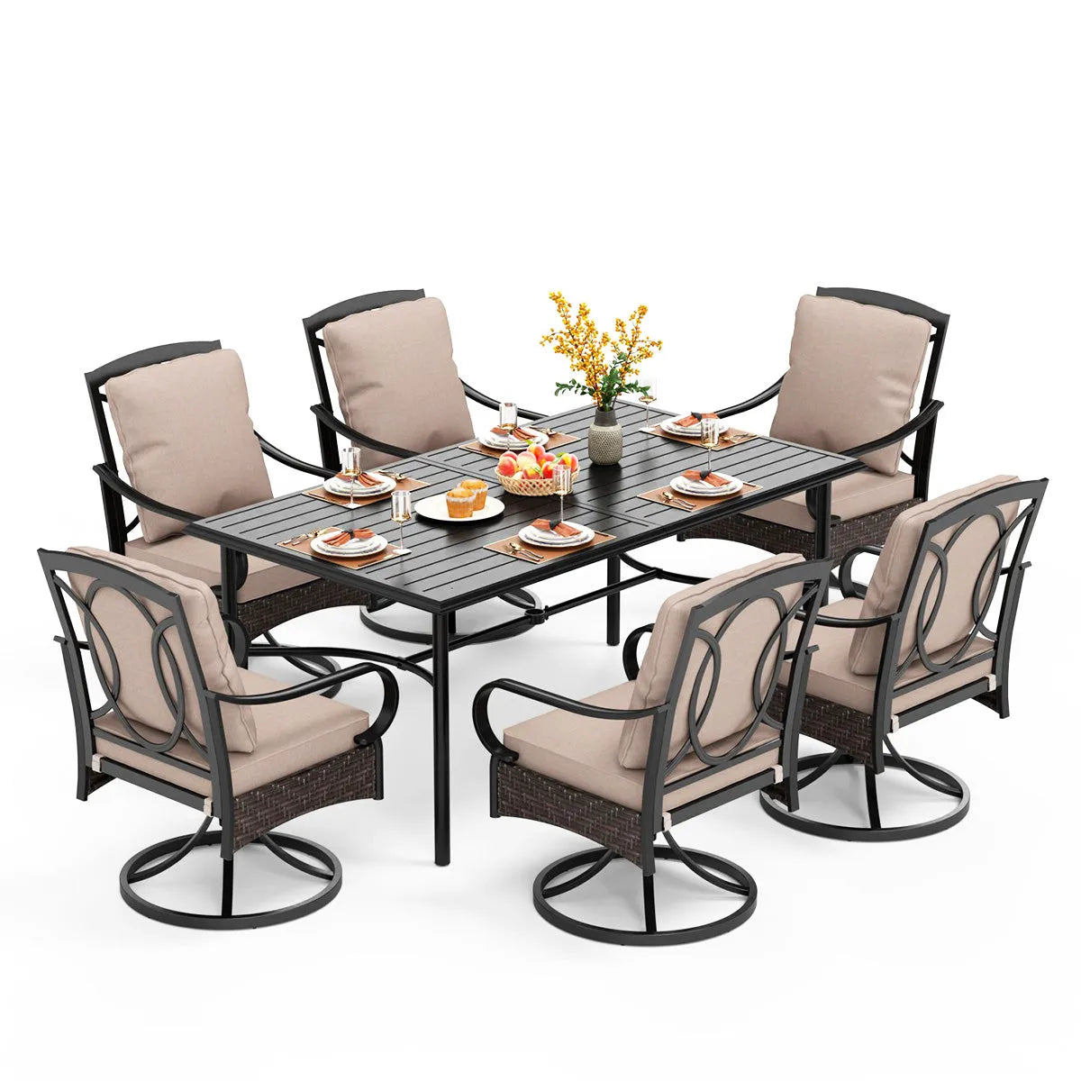 7-Piece Patio Dining Set With 6 Cushioned Steel & Rattan Chairs and Rectangle Table