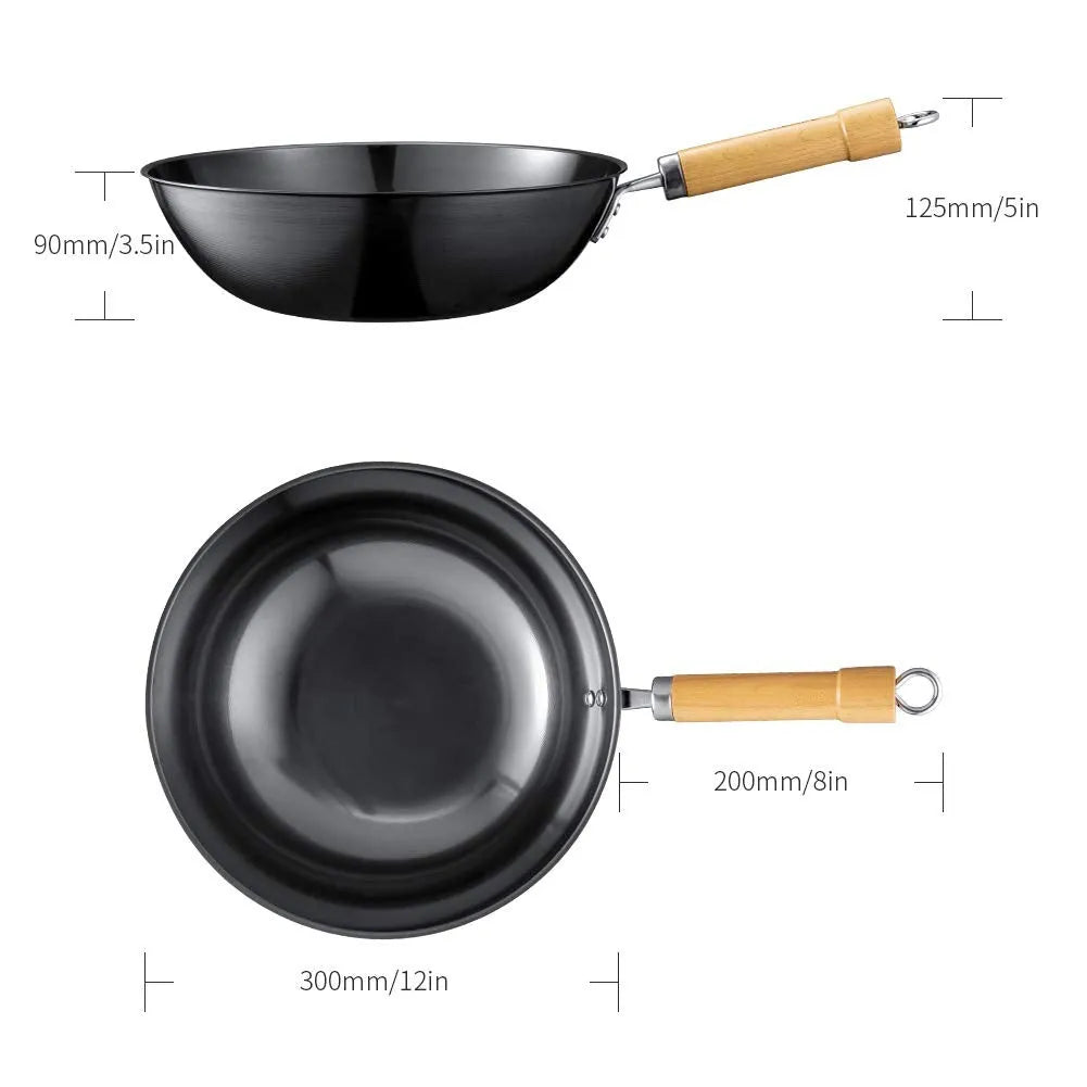 Wok Pan 12 inch High Carbon Steel Stir Fry Pan with Detachable Wood Handle
