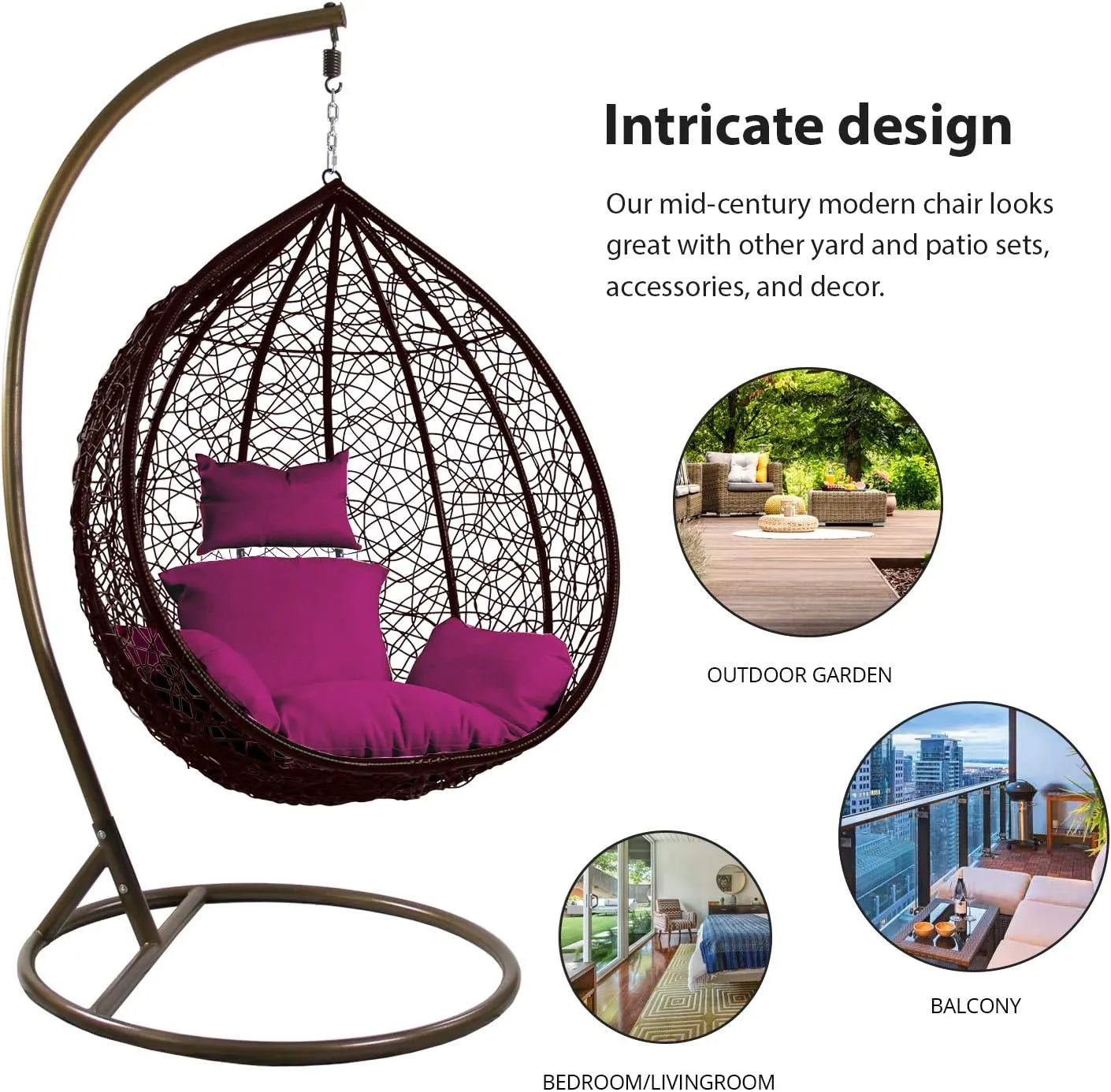 J.M.Deco Porch Swing Chair with Stand, Cushion & Pillow, Goldden Egg Rattan Wicker Swing Hanging Chair, Hammock Chair for Indoor, Outdoor, Garden, Backyard & Patio