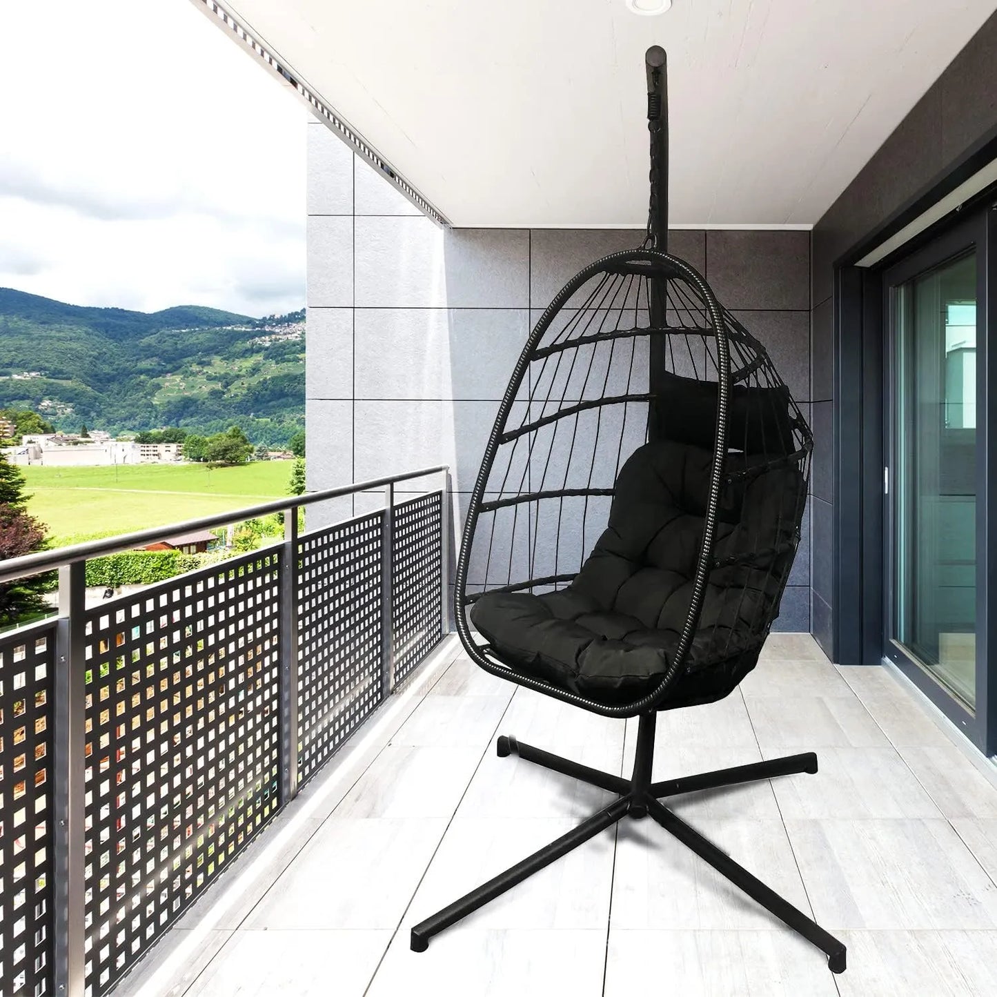 PRIVATE GARDEN Large Hanging Egg Chair with Stand Upgraded Wicker Egg Swing Chair Outdoor Indoor PE Rattan Hanging Chair with Grey Comfort Cushion Heavy Duty C-Stand