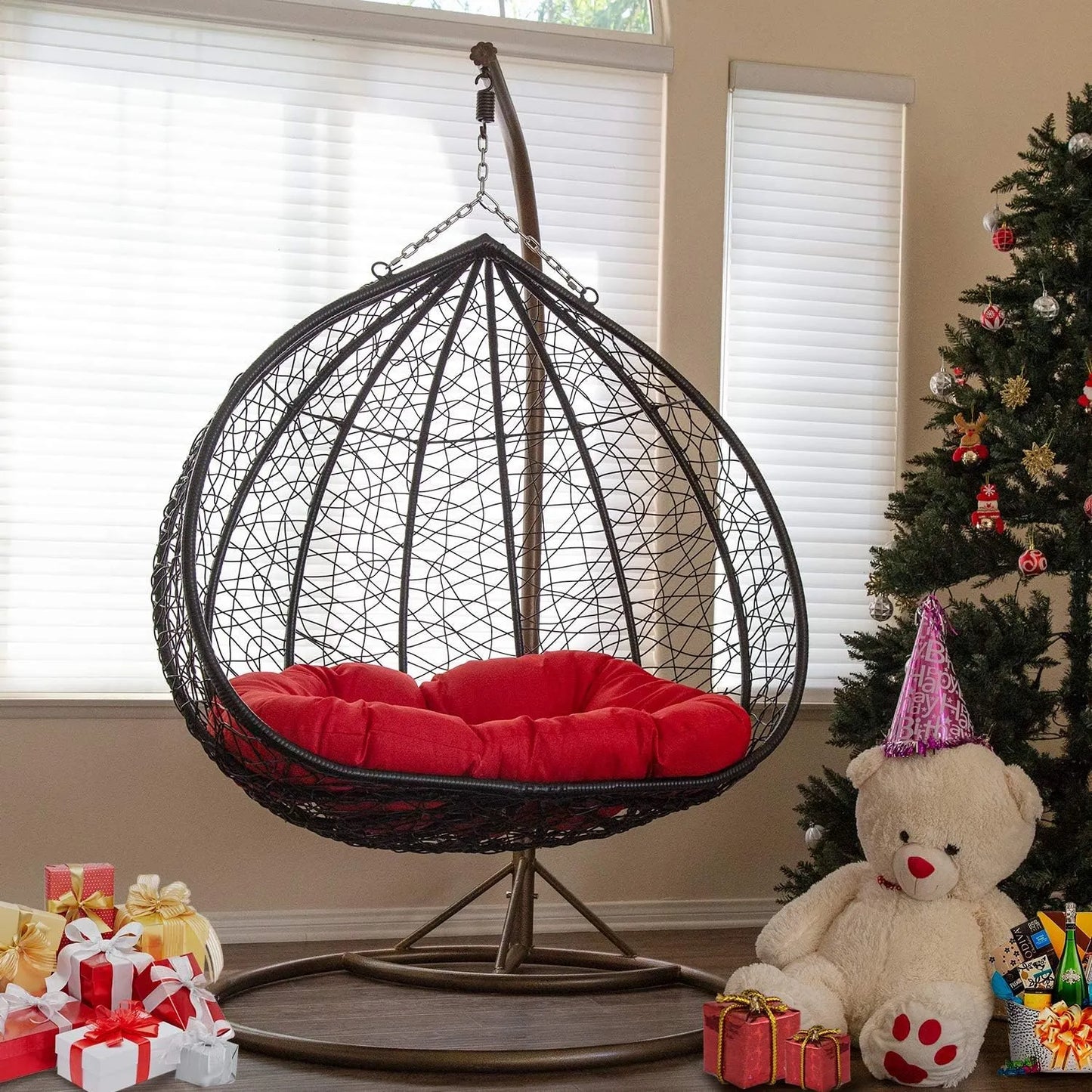 J.M.Deco Porch Swing Chair with Stand, Cushion & Pillow, Goldden Egg Rattan Wicker Swing Hanging Chair, Hammock Chair for Indoor, Outdoor, Garden, Backyard & Patio