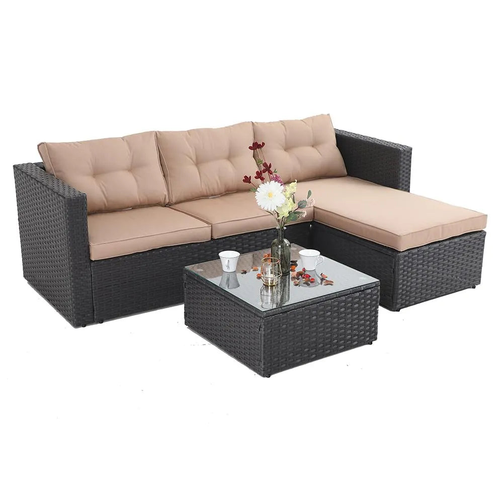 3-Piece Patio L-Shaped Rattan Sectional Sofa Set With Cushions