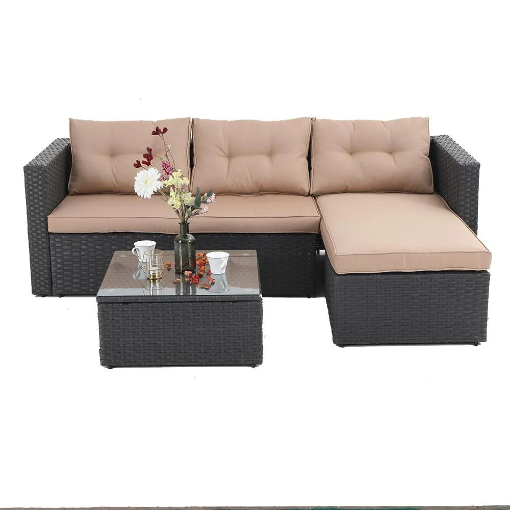 3-Piece Patio L-Shaped Rattan Sectional Sofa Set With Cushions