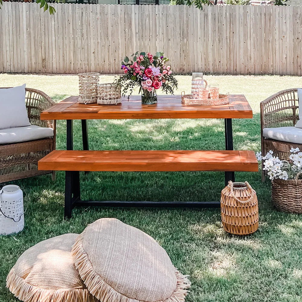 Patio Modern Acacia Wood Dining Set Outdoor Bench Picnic Table