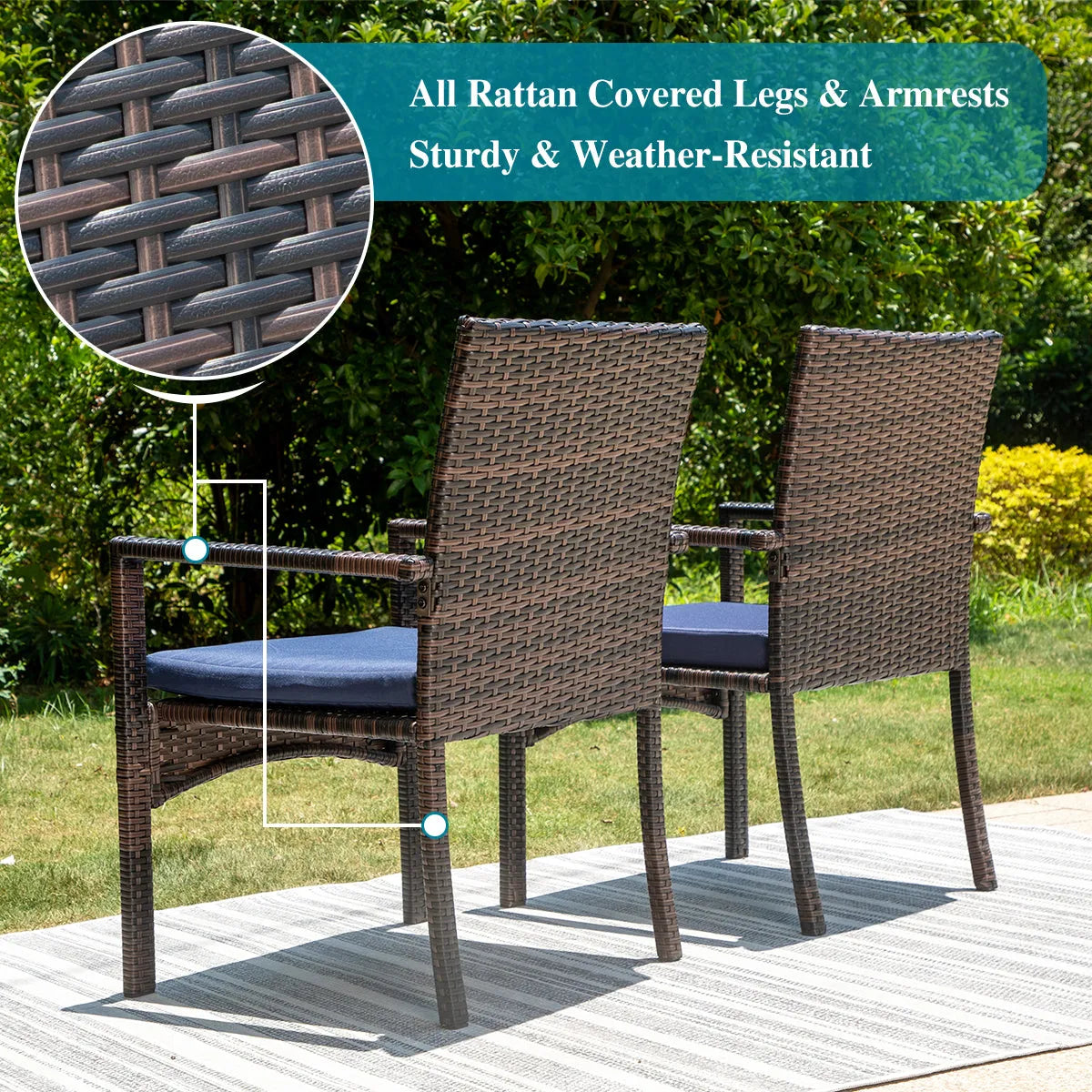 6 Piece Outdoor Dining Set with Acacia Wood Table & Wooden Bench and 4 Cushioned Rattan Wicker Chairs