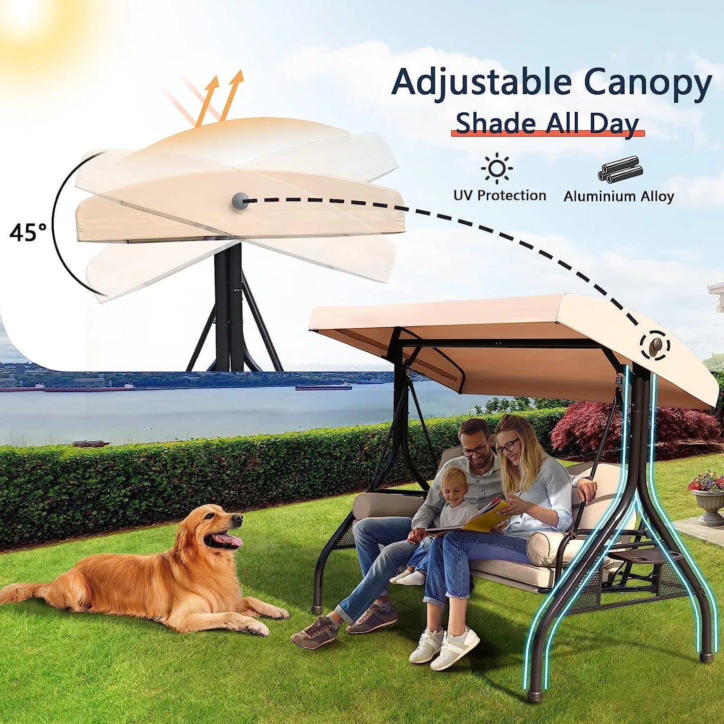 NOBLEMOOD Patio Porch Swing, 3-Seat Outdoor Swing with Adjustable Canopy, Thickened Cushion, Pillow and Foldable Side Tray for Patio, Backyard, Porch Swing Bed for Spring(Khaki)