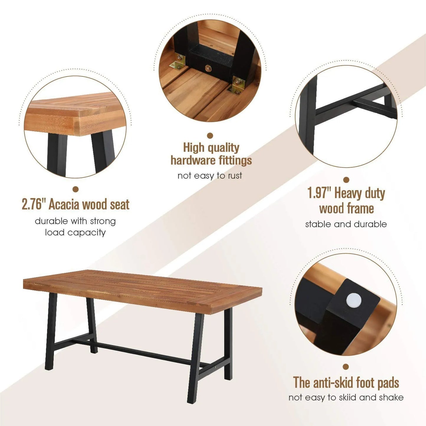 6 Piece Outdoor Dining Set with Acacia Wood Table & Wooden Bench and 4 Cushioned Rattan Wicker Chairs