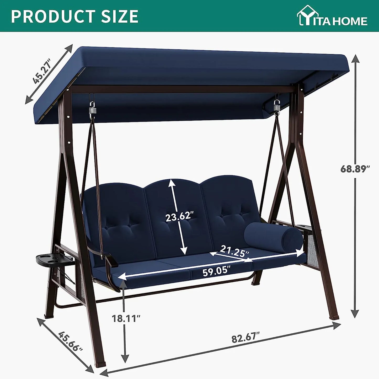 YITAHOME 3-Seat Deluxe Porch Swing Outdoor Heavy Duty Patio Swing Chair with Adjustable Canopy Removable Cushions Weather Resistant Steel Frame Suitable for Garden, Lawn, Backyard, Balcony, Brown