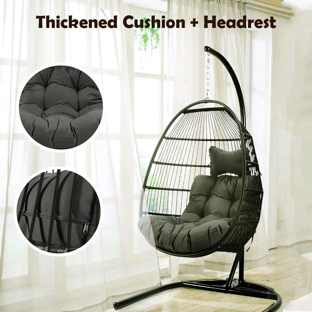 JOYBASE Hanging Egg Chair with Stand, Outdoor Wicker Rattan Egg Swing Chair with Stand and Cushion for Indoor Outdoor Bedroom Patio Garden (Grey/Black)