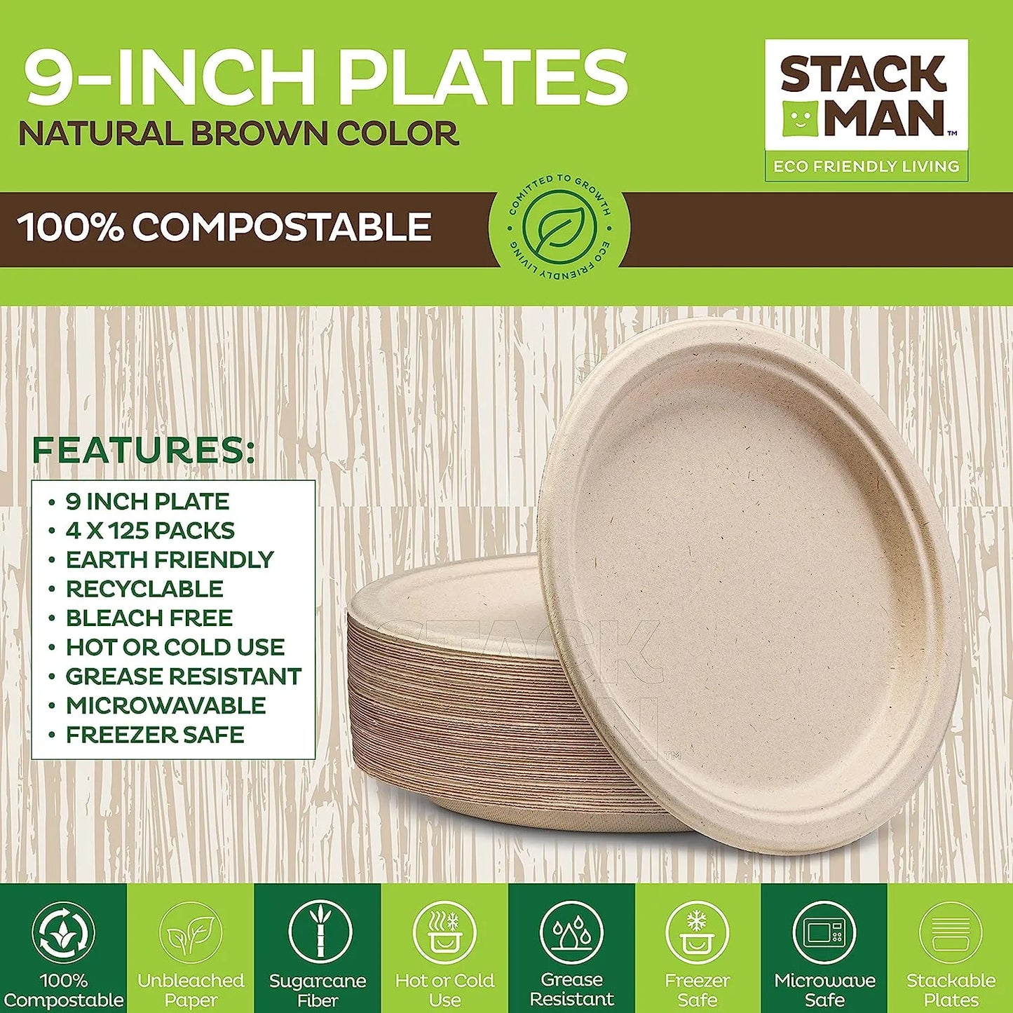 100% Compostable Paper Plates 9 Inch [500 Count] Heavy-Duty Dinner Plates - Natural Brown Color Unbleached Bagasse - Eco-Friendly Disposable Biodegradable Sugarcane Plates - [Bulk Case 4/125 Pack]