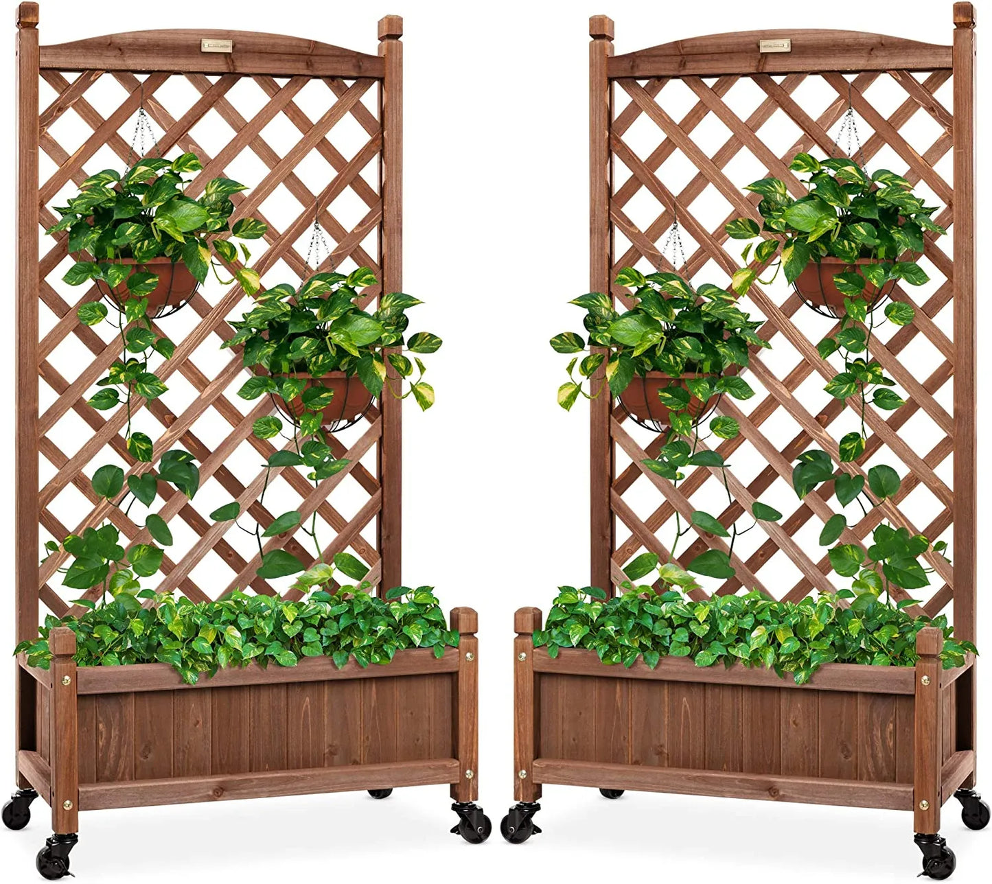 Set of 2 48in Wood Planter Box & Diamond Lattice Trellis, Mobile Outdoor Raised Garden Bed for Climbing Plants w/Drainage Holes, Optional Wheels - Walnut