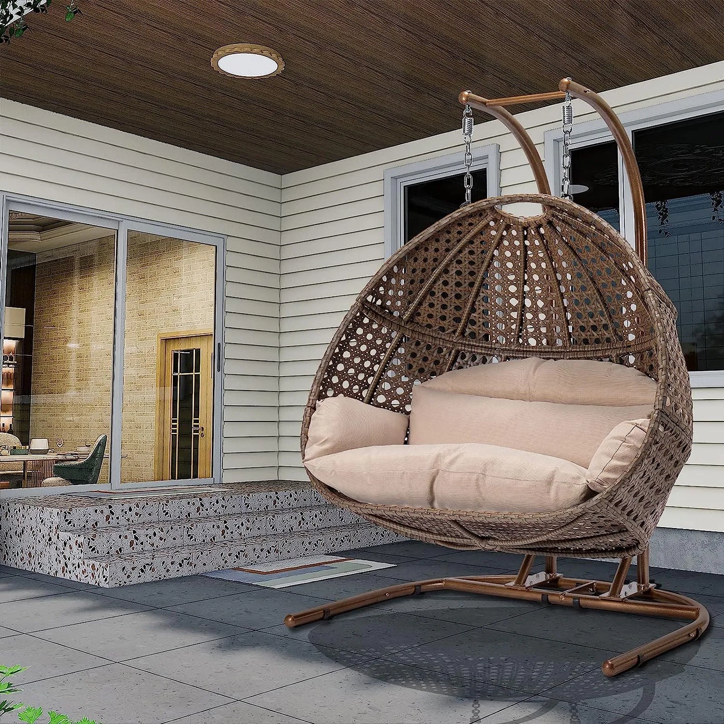 JOYBASE Hanging Egg Chair with Stand, Outdoor Wicker Rattan Egg Swing Chair with Stand and Cushion for Indoor Outdoor Bedroom Patio Garden (Grey/Black)