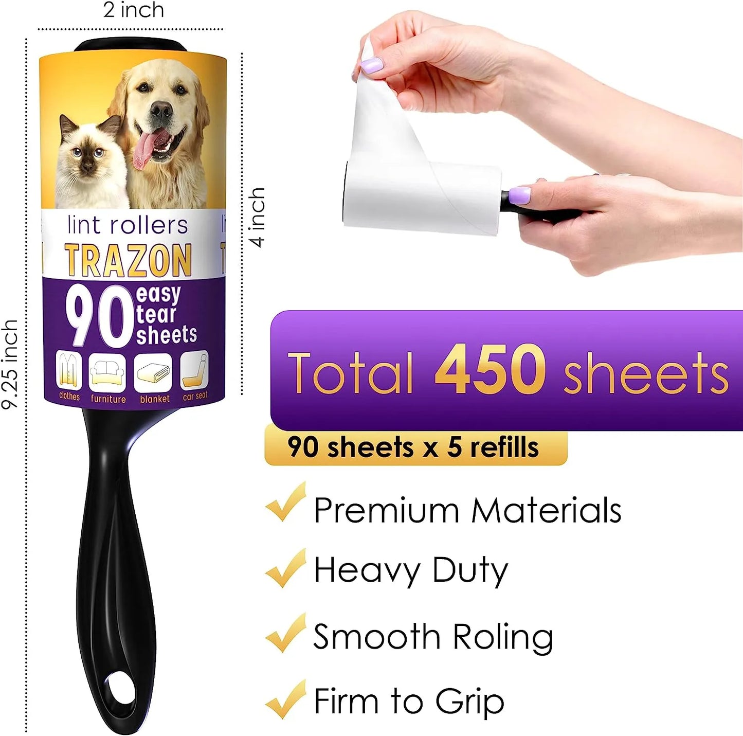 Lint Rollers Value Pack of 450 Sheets / 5 Refills, Sticky Roller, Lint Remover for Dog, Cat, Pet Hair, Lint Rollers for Clothes, Carpet, Couch, Furniture, Car Seats