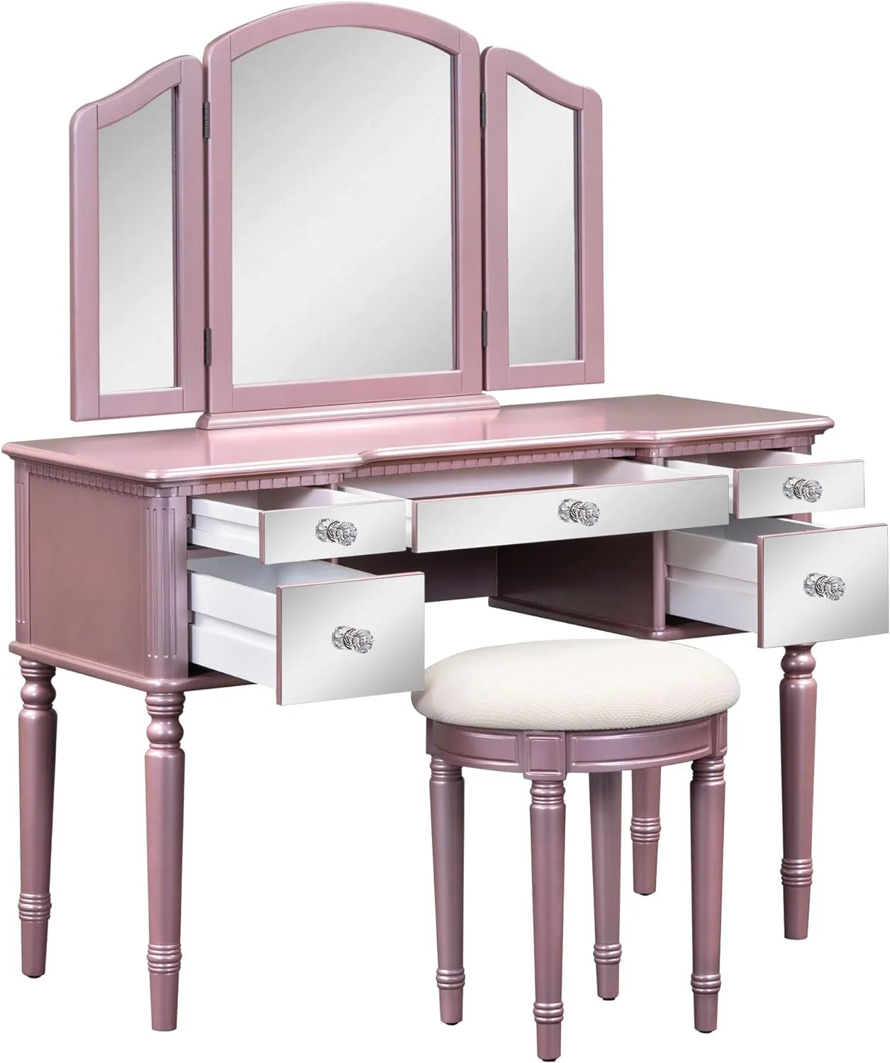 Brafab 43" Luxury Vanity Desk Dressing Table Set with Mirrored Drawers and Stool, Tri-fold Mirror, Makeup Vanity Set for Bedroom, Rose Gold