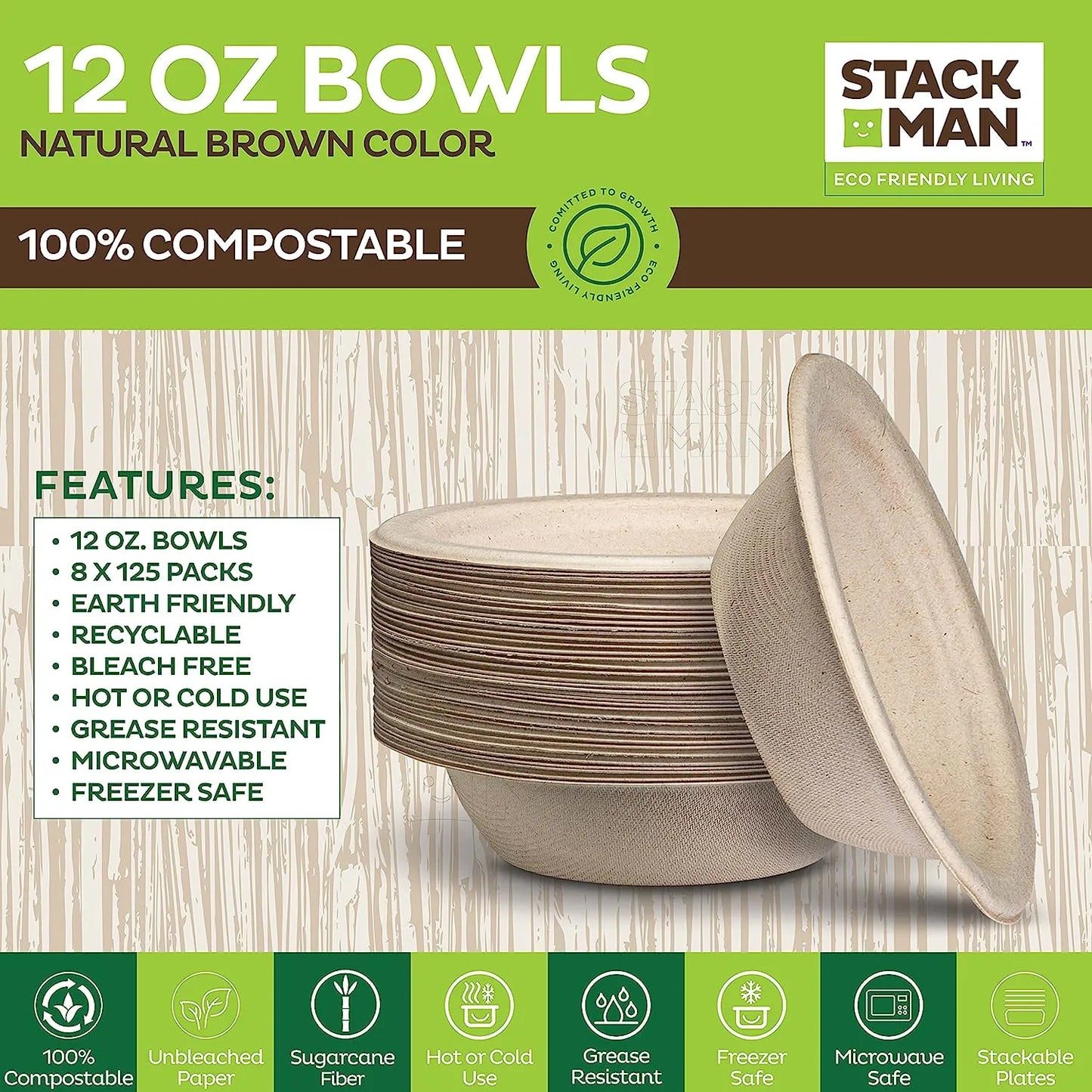 100% Compostable Paper Plates 9 Inch [500 Count] Heavy-Duty Dinner Plates - Natural Brown Color Unbleached Bagasse - Eco-Friendly Disposable Biodegradable Sugarcane Plates - [Bulk Case 4/125 Pack]