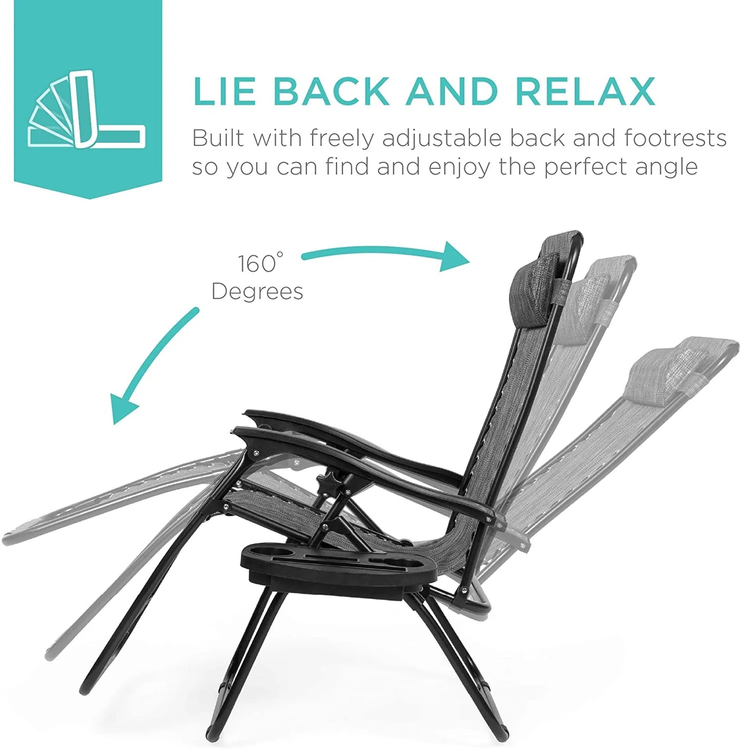 Set of 2 Adjustable Steel Mesh Zero Gravity Lounge Chair Recliners w/Pillows and Cup Holder Trays