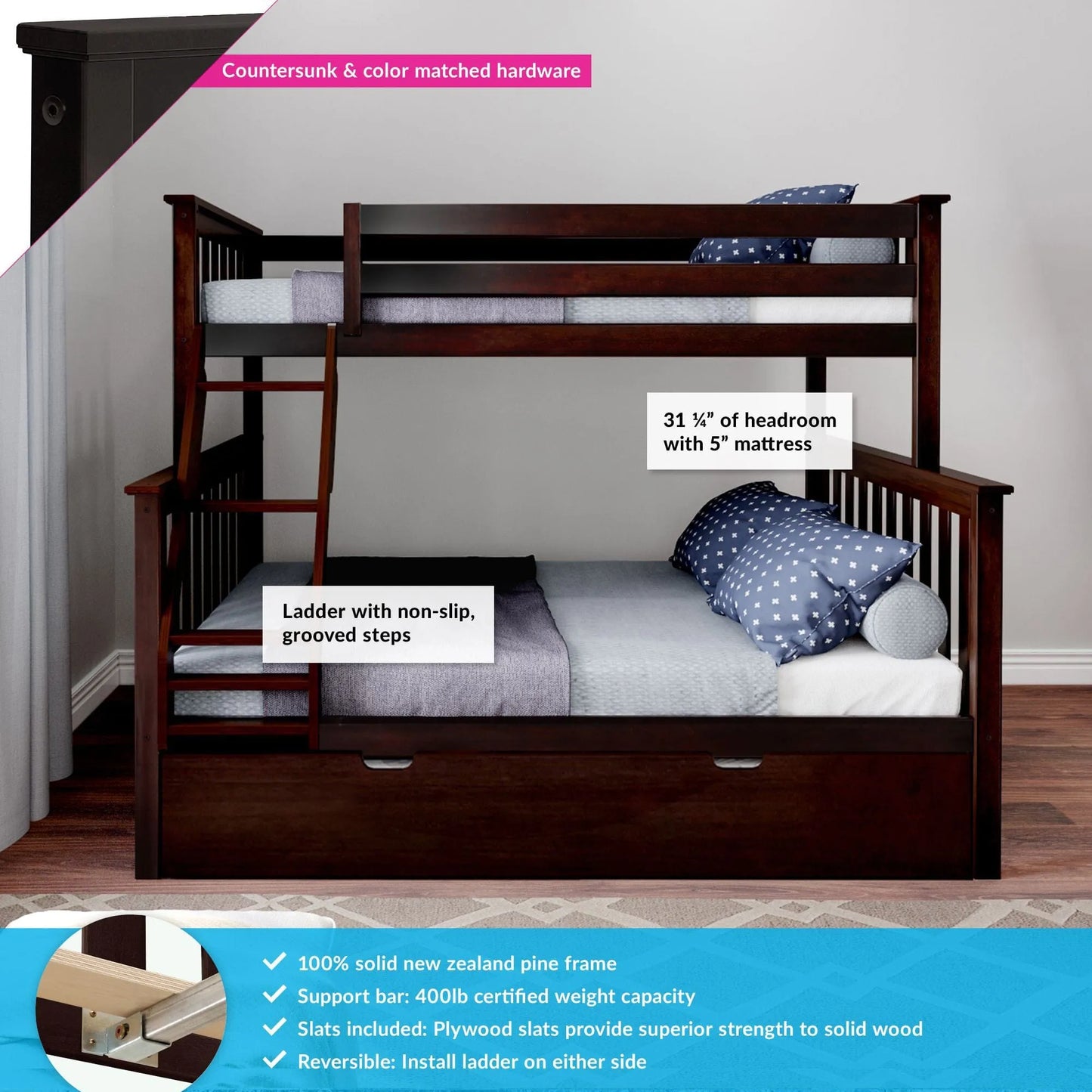 &#127876;Store Closing Sale&#128150;Kids Solid Wood Twin-Over-Full Bunk Bed + Trundle Bed