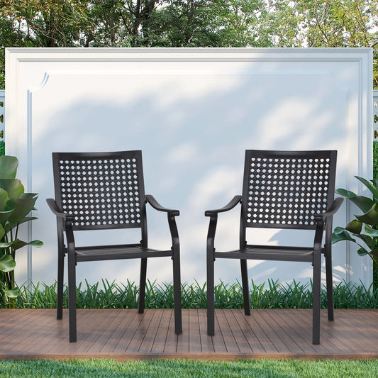 Outdoor Fixed Steel Dining Chairs with Bullseye Flower Pattern - Set of 2