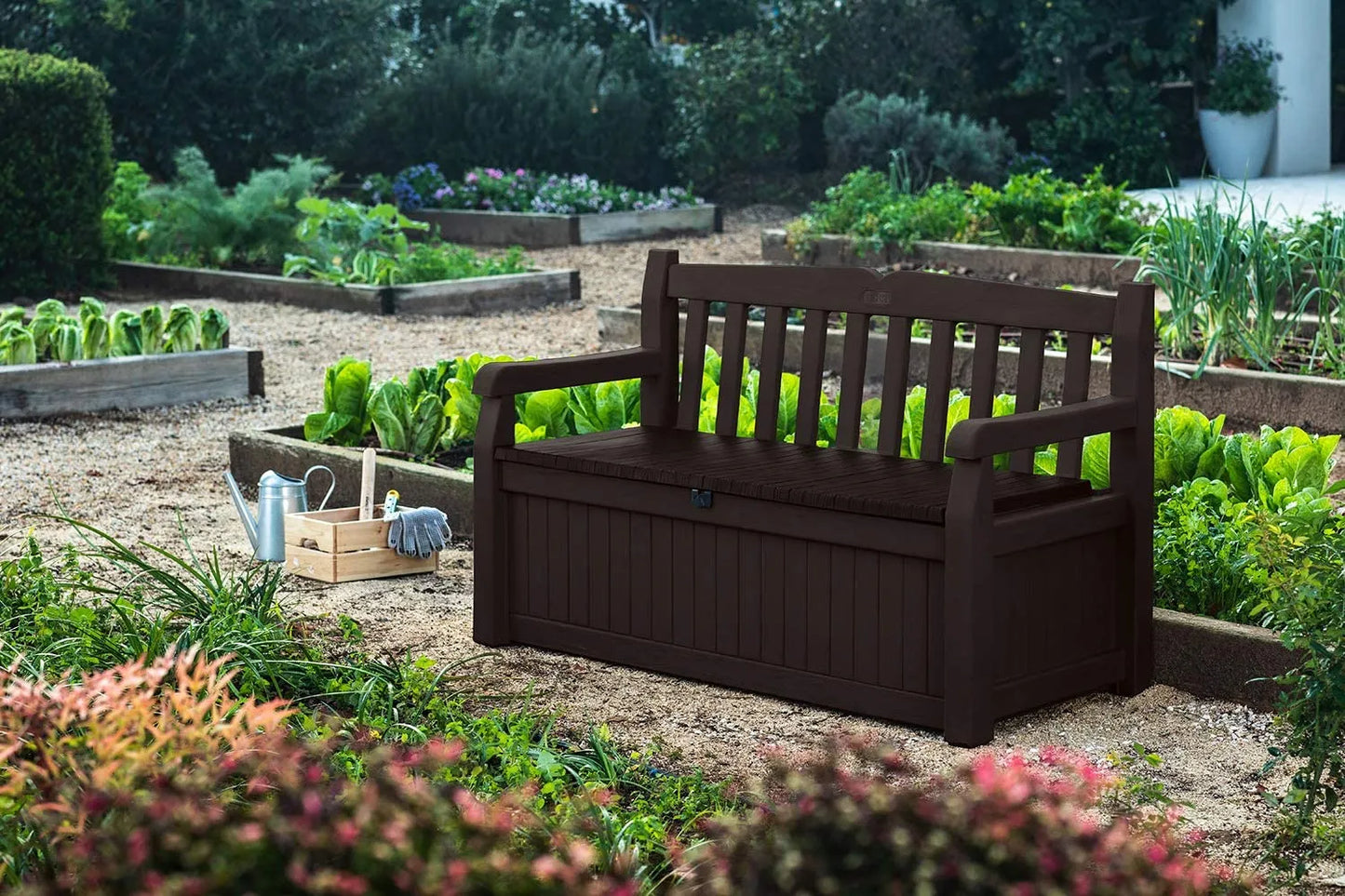 Keter Solana 70 Gallon Storage Bench Deck Box for Patio Furniture, Front Porch Decor and Outdoor Seating – Perfect to Store Garden Tools and Pool Toys,Brown/Brown