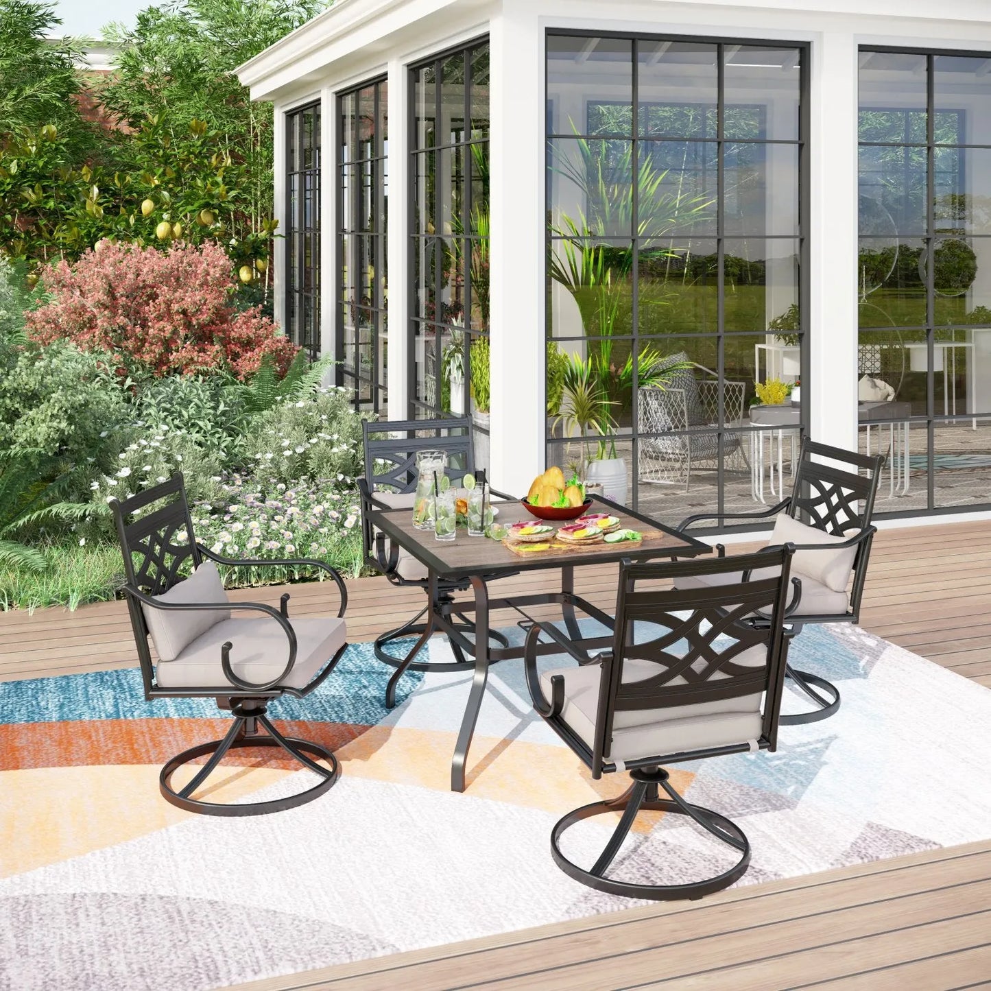 5-Piece Outdoor Dining Set 4 Swivel Steel Chairs and Square Table