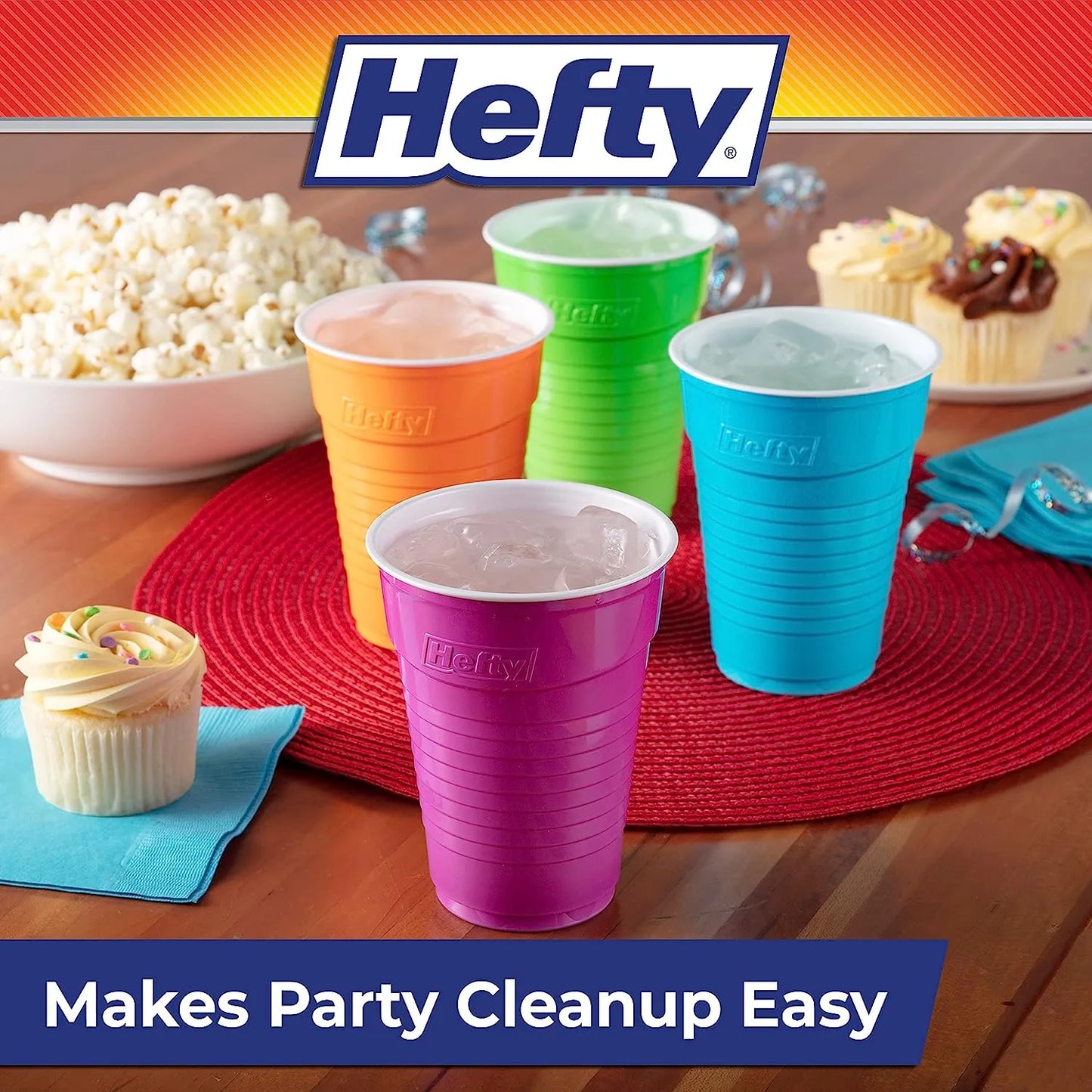 Hefty Party On Disposable Plastic Cups, Assorted, 16 Ounce, 100 Count