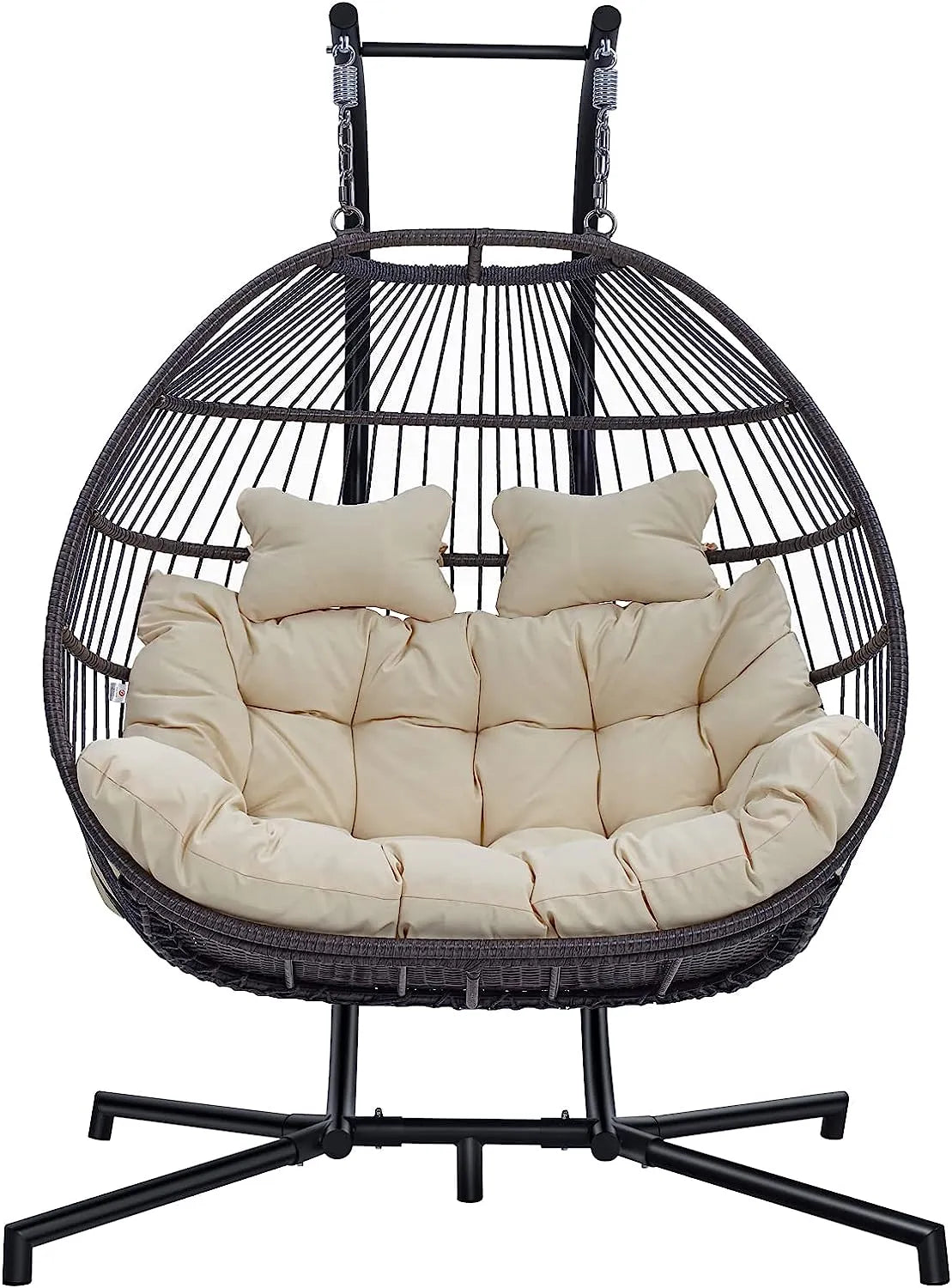 Hanging Egg Chair with Stand, 2 Person Heavy Duty Hanging Wicker Rattan Swing Chair Basket Hammock Nest Chair Seat for Indoor Outdoor Patio Lounger Swinging Loveseat (Beige)