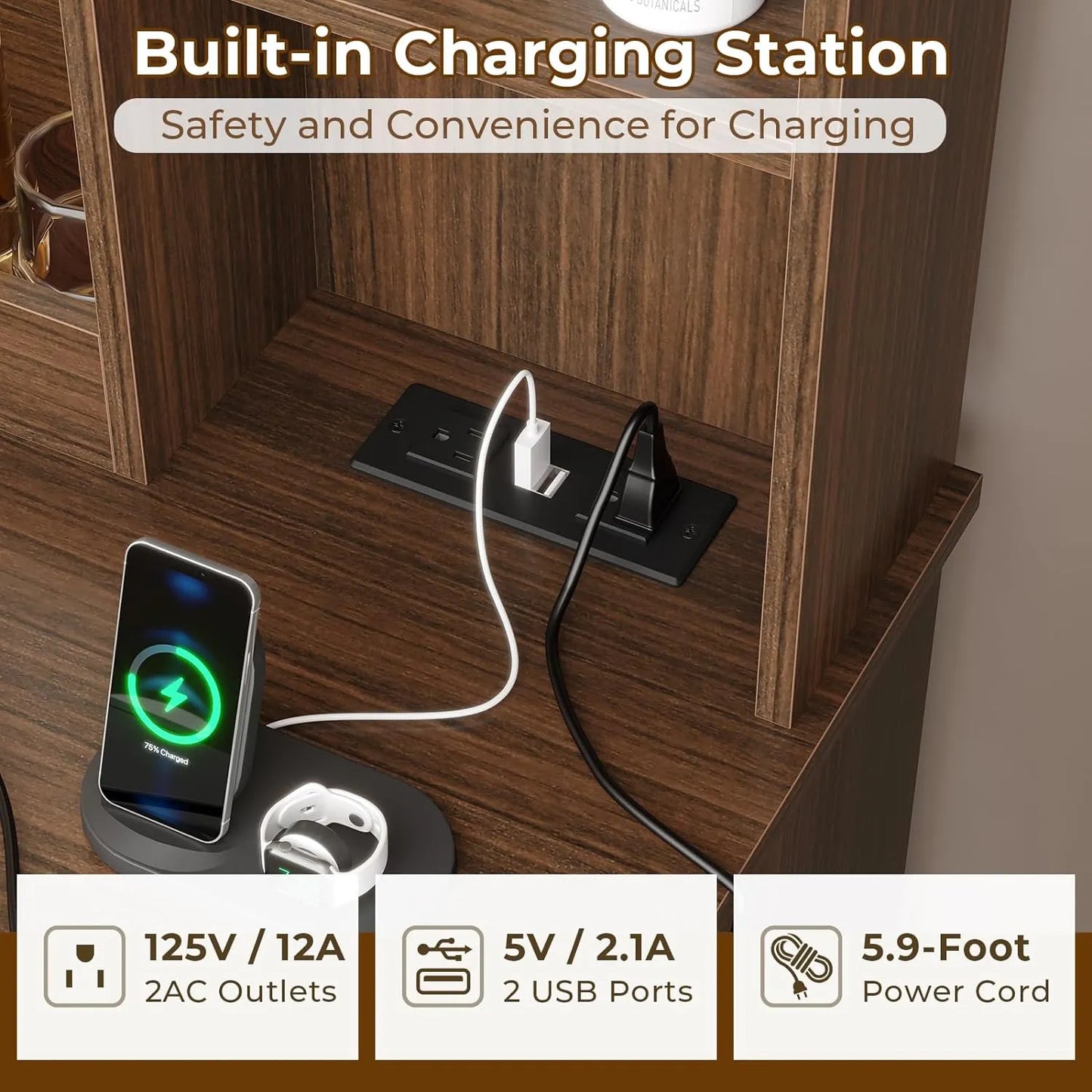 DICTAC Farmhouse Makeup Vanity Desk with Mirror and Lights, Large Vanity Table with Charging Station, 43'' Bedroom Dressing Table with 6 Drawers & 2 Cabinets, 3 Color Lighting Modes, Brown