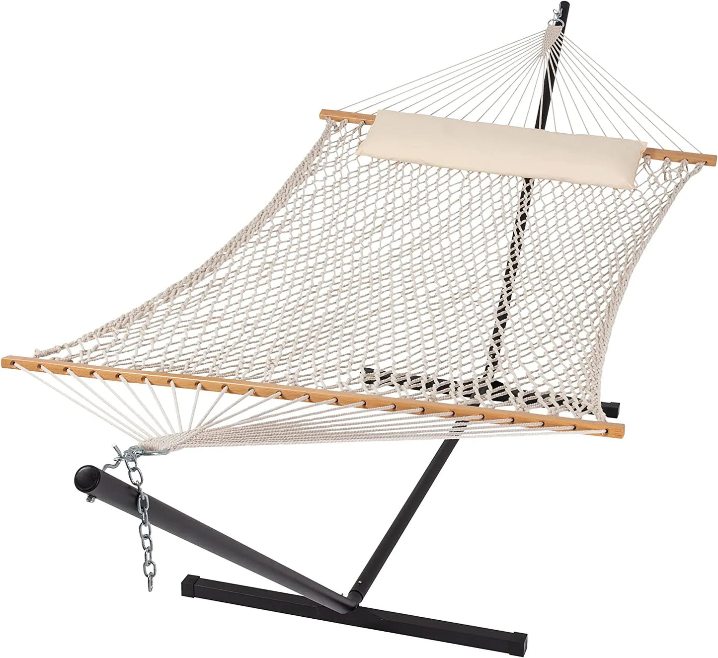 55 Inch Extra Large Double Hammock with Stand, 475lbs Capacity, Outdoor Portable Hammock with Hardwood Spreader Bar, Extra Large Pillow