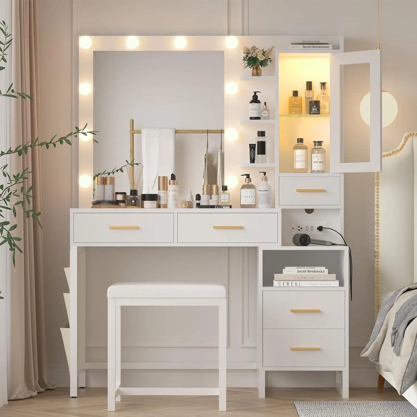 Makeup Vanity Desk with Mirror and Lights, White Vanity Table Set with Charging Station, LED Cabinet, 5 Drawers & Side Storage Bag, 3 Lighting Modes, Bedroom with Chair