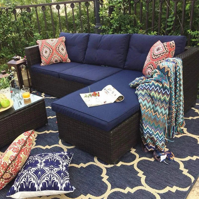 3-Piece Patio L-Shaped Rattan Sectional Sofa Set With Cushions