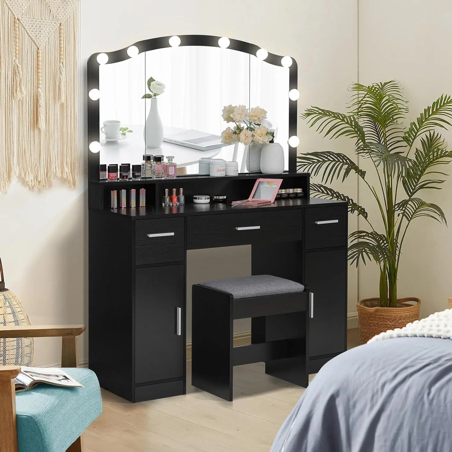 usikey Large Vanity Set with Large Lighted Mirror, Modern Makeup Vanity Table with 3 Drawers, 2 Storage Cabinets & 10 LED Bulbs, Dressing Table with Cushioned Stool for Women, Bedroom, Black