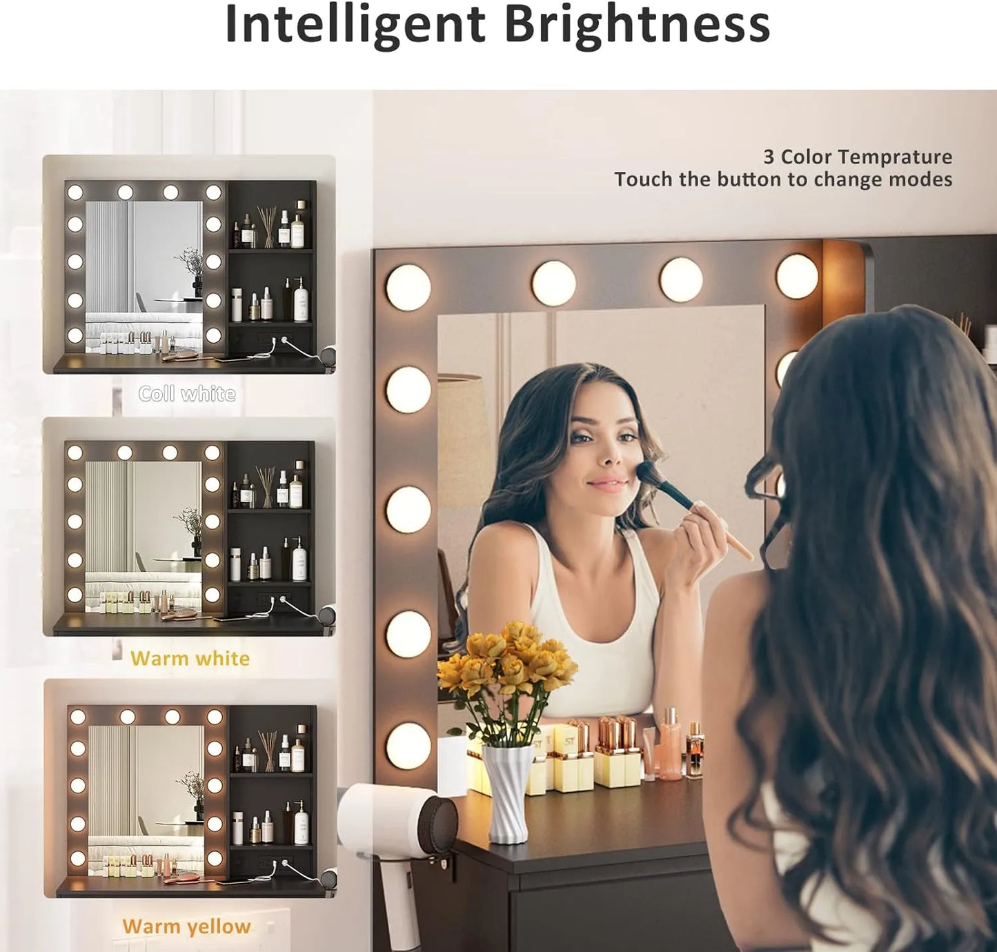 Vabches Makeup Vanity with Lights, 37inch Vanity Desk with Power Strip, 4 Drawers Makeup Table with Lighted Mirror, 3 Lighting Colors, White