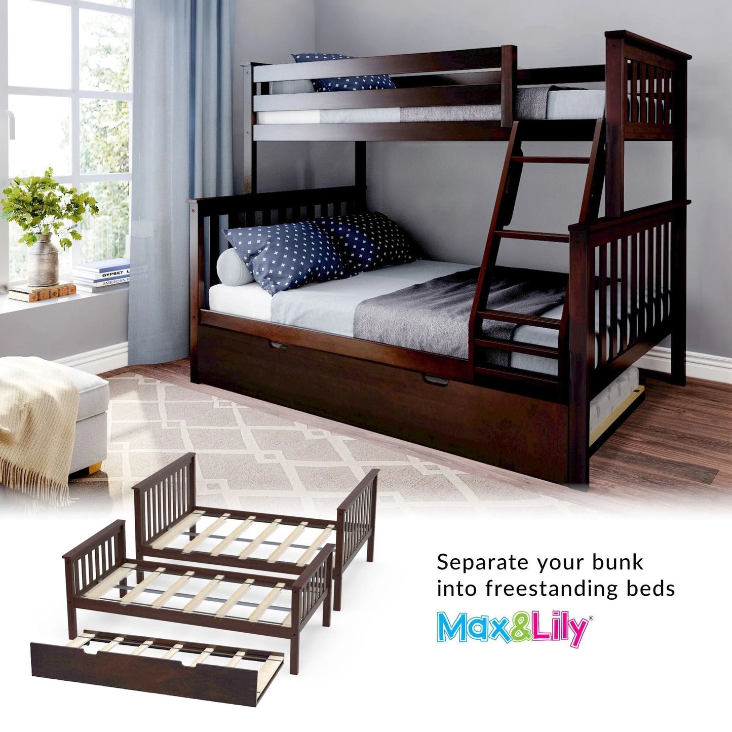 &#127876;Store Closing Sale&#128150;Kids Solid Wood Twin-Over-Full Bunk Bed + Trundle Bed