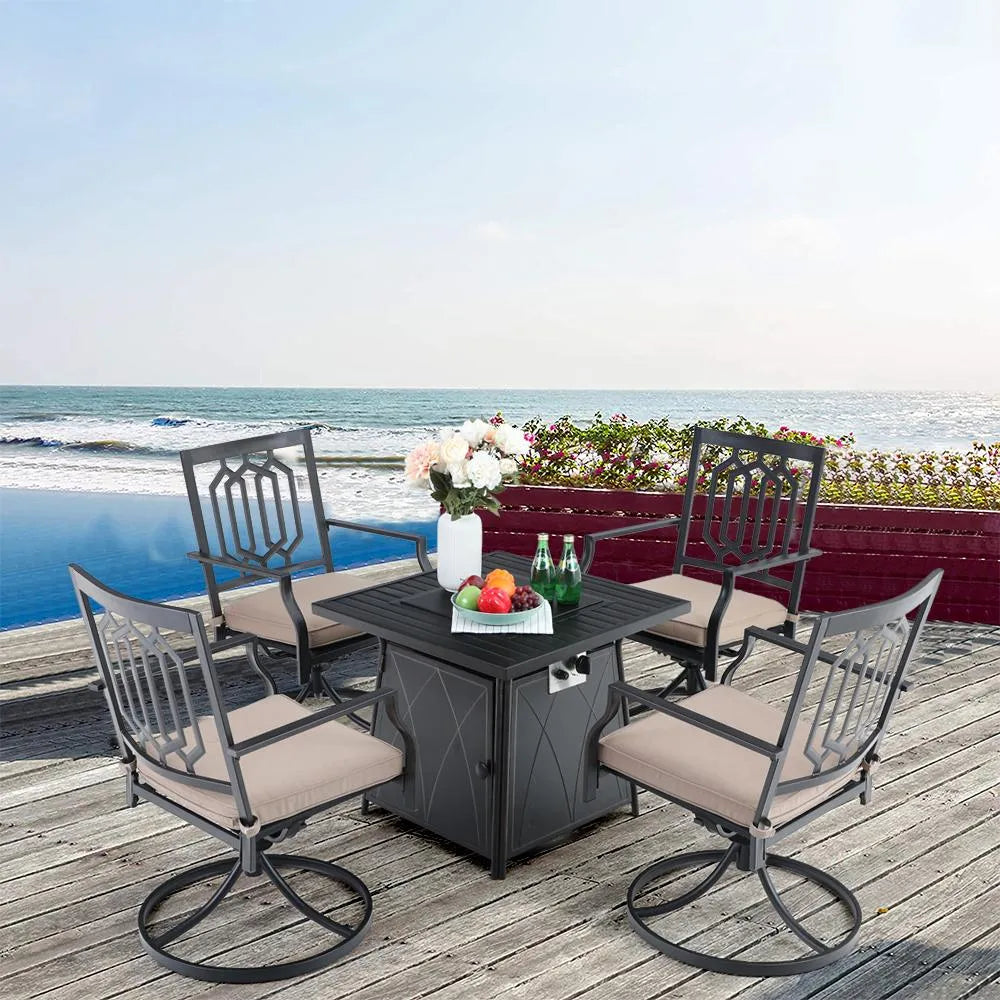 5-Piece Patio Fire Pit Set Steel Swivel Chairs With Cushions & 50,000BTU Square Fire Pit Table
