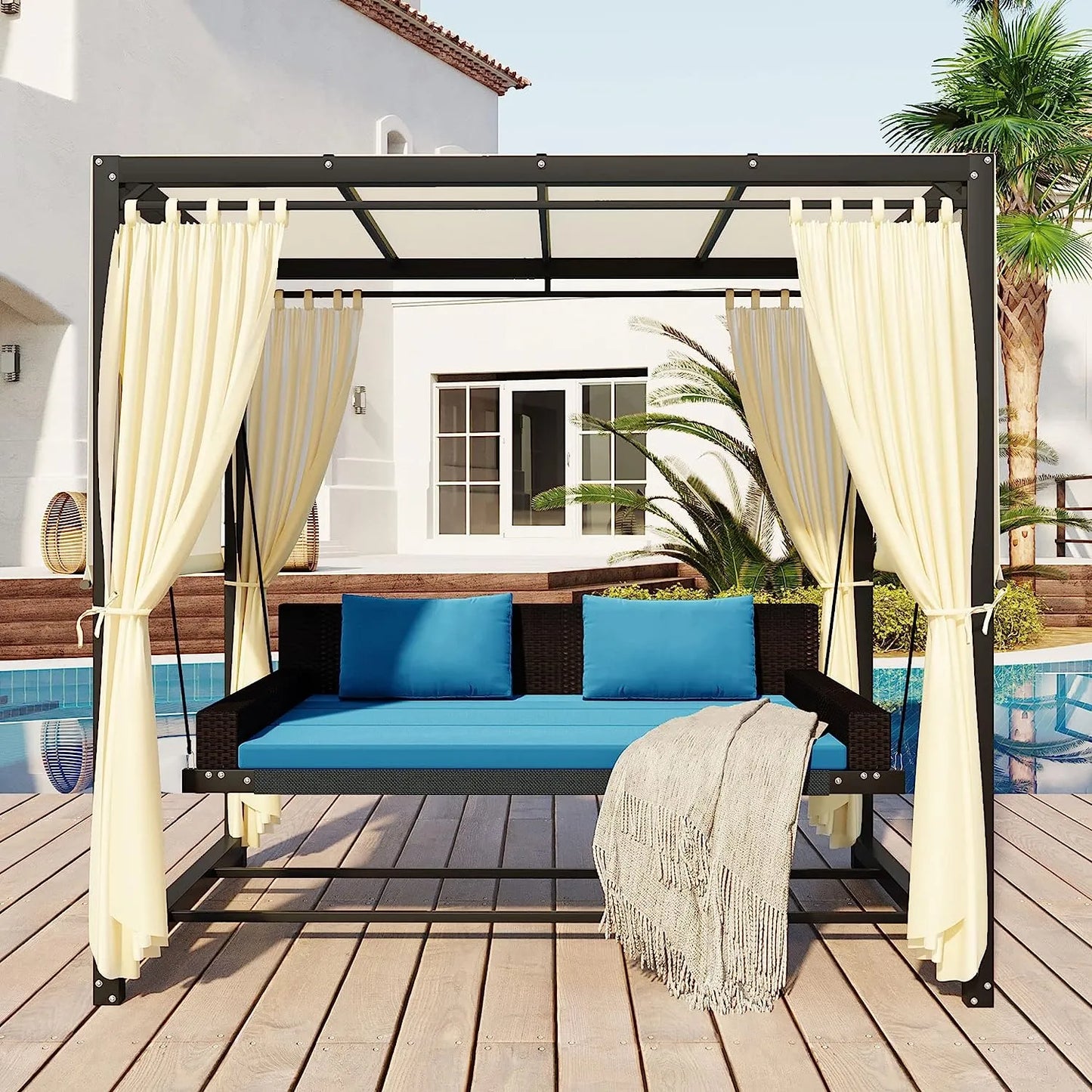 Merax 3-Seat Patio Swing Bed,Outdoor Porch Chair with Adjustable Canopy and Durable Steel Frame for Patio, Garden, Poolside Dark Grey