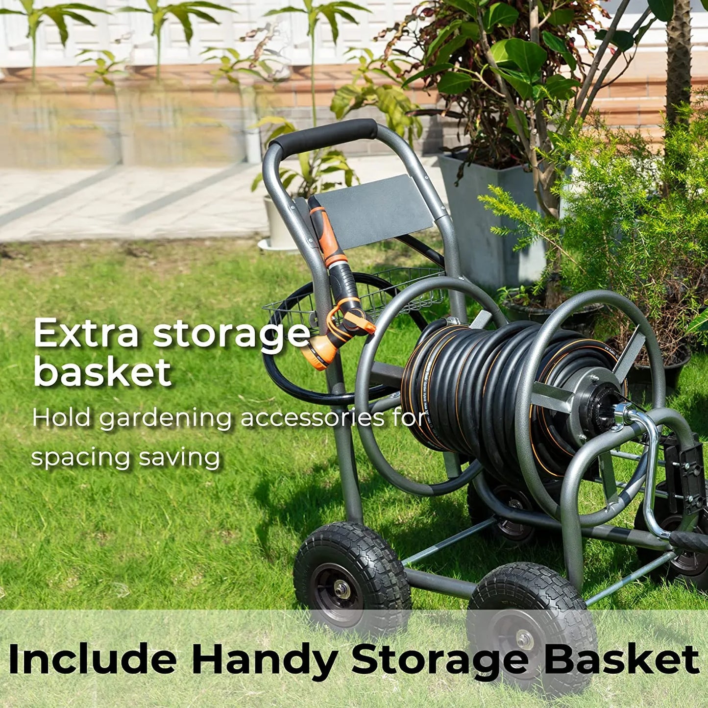 Hose Reel Cart, Hose Reel Cart with Wheels Heavy Duty, Industrial Hose Reels for Outside, 250-Feet of 5/8" Hose Capacity, Hose Guide Installed