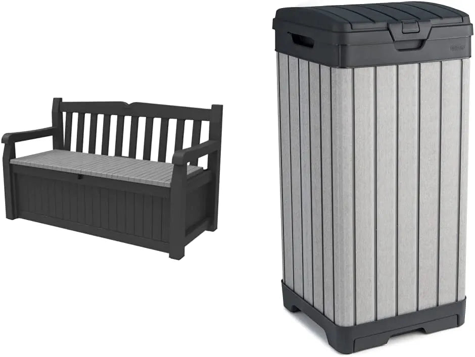 Keter Solana 70 Gallon Storage Bench Deck Box for Patio Furniture, Front Porch Decor and Outdoor Seating – Perfect to Store Garden Tools and Pool Toys,Brown/Brown