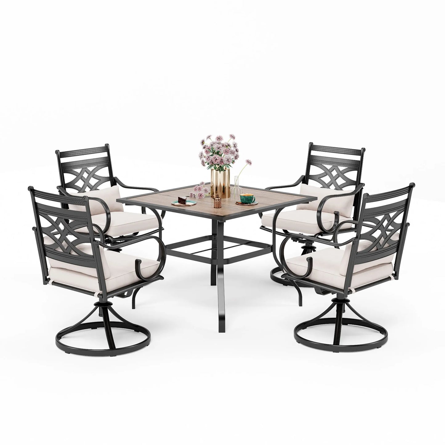 5-Piece Outdoor Dining Set 4 Swivel Steel Chairs and Square Table