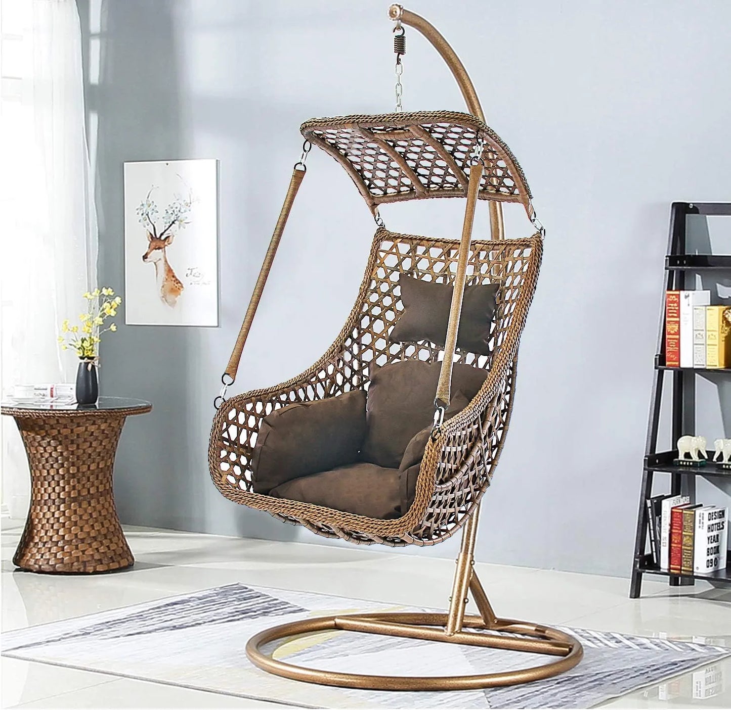 J.M.Deco Porch Swing Chair with Stand, Cushion & Pillow, Goldden Egg Rattan Wicker Swing Hanging Chair, Hammock Chair for Indoor, Outdoor, Garden, Backyard & Patio