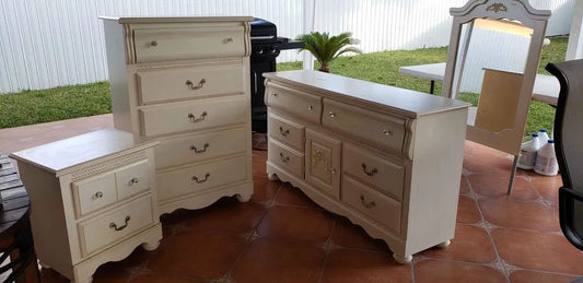 Set includes dresser, mirror, chest, nightstand and headboard