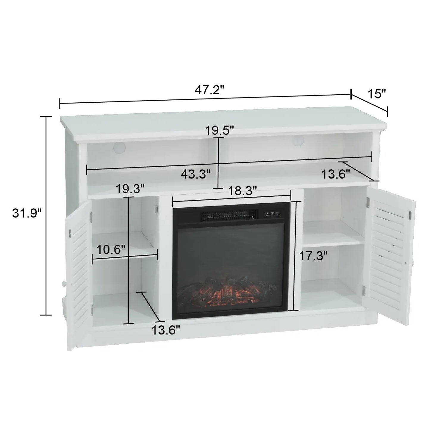 47" 1400W Electric Fireplace TV Stand Heater with Built-In Bookshelves and Cupboards - White