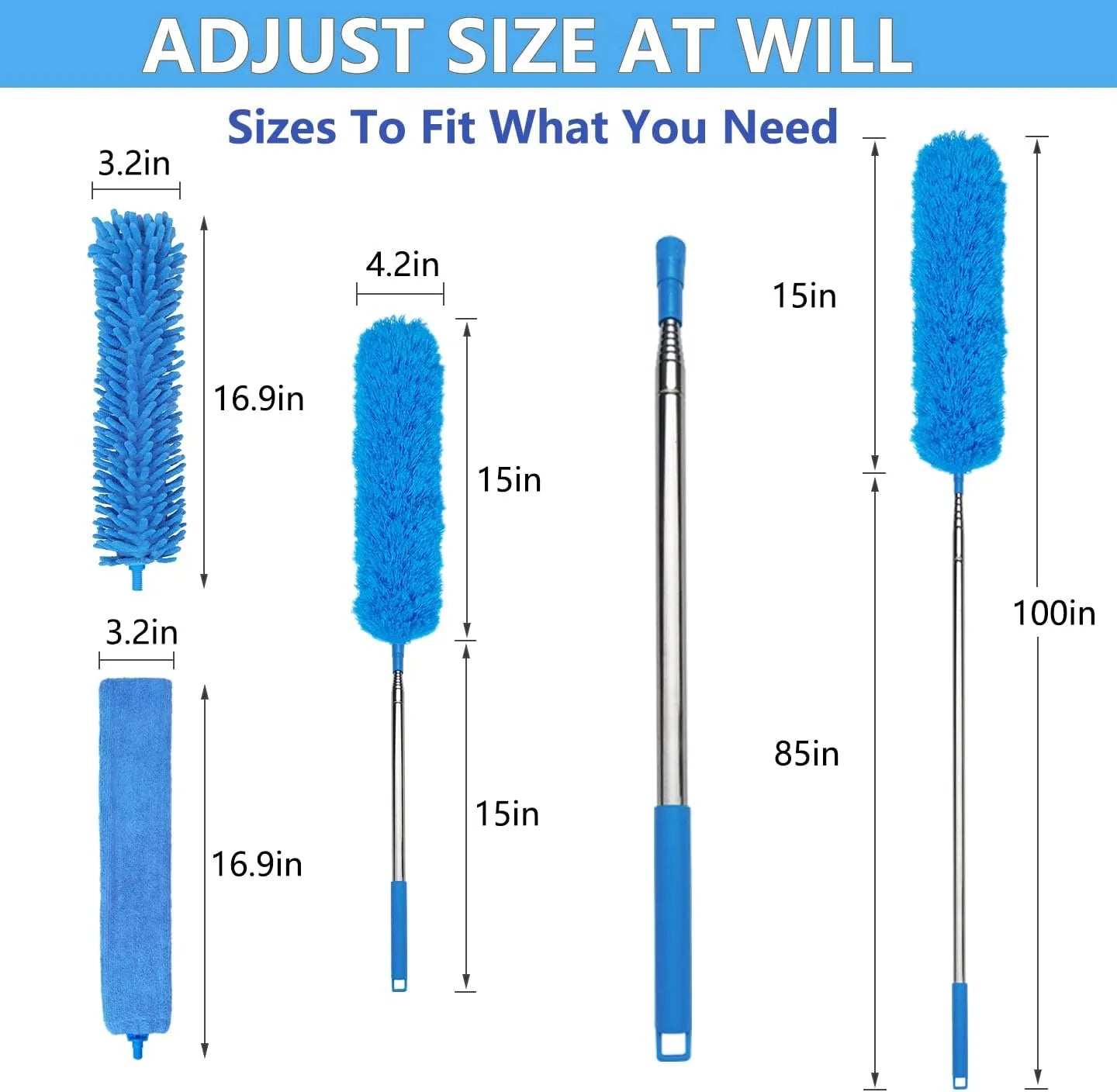 Household Cleaning Dusters 3 in 1 Kit,Microfiber Duster with Extension Pole 30-100 Inches,Retractable Gap Dust Brush Cleaner Long Feather Duster for Cleaning Ceiling Fan,Furniture,Blinds,Wall (Blue)