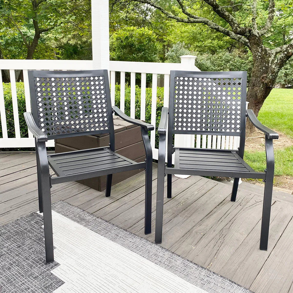 Outdoor Fixed Steel Dining Chairs with Bullseye Flower Pattern - Set of 2