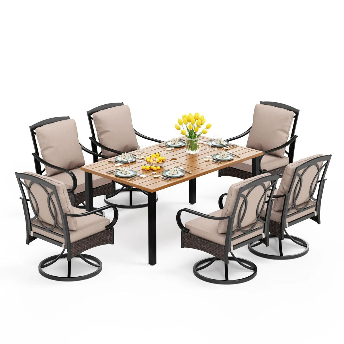 7-Piece Patio Dining Set With 6 Cushioned Steel & Rattan Chairs and Rectangle Table